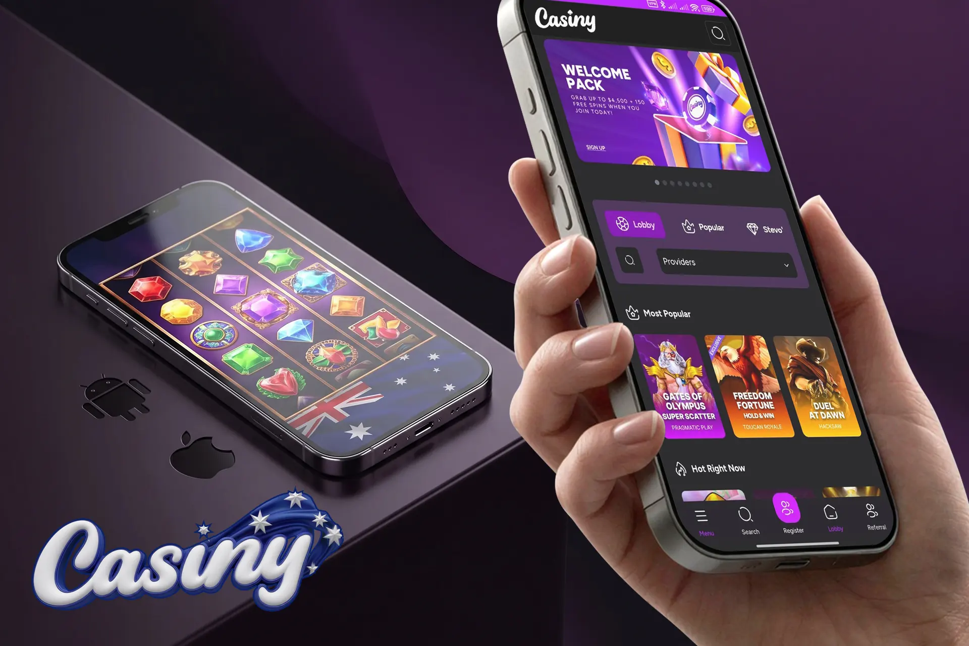 Seamless mobile pokies experience on Casiny via iOS and Android devices, showing a player holding a smartphone with an active slot game